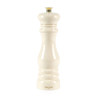 Cream ceramic pepper mill with gold top, shown upright on white background