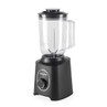 Black electric blender with clear jug, front control dial, shown upright on white background