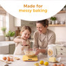 Banner: woman and child baking in kitchen with yellow digital scales