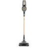 Cordless upright vacuum cleaner in gold and blue, front-facing on white background