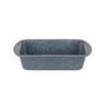 Blue speckled non-stick loaf tin, angled front view