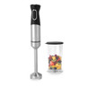 Stainless steel hand blender with mixing cup of chopped fruit, side by side.