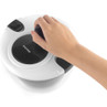 Salter black and white manual salad spinner, shown in use from top angle