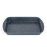 Blue speckled rectangular roasting tin with side handles, shown from above