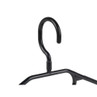 Black plastic clothes hanger, close-up of hook, shown on white background