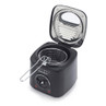 Black electric deep fryer with open lid, showing basket and control dial
