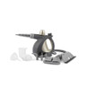 Handheld steam cleaner with accessories, grey and gold.