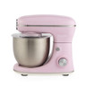 Pink stand mixer with stainless steel mixing bowl, side view