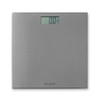 Silver digital bathroom scale with display showing 0.0kg, square design