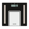 Black digital bathroom scale with silver accents, top view, Salter branding.
