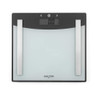 White digital bathroom scale with silver metal strips, front view