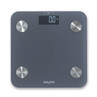 Grey digital bathroom scale with round metal sensors and LCD display, viewed from above