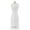 White wooden pepper mill with gold knob and Salter logo, shown upright.
