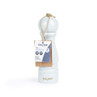 White wooden salt or pepper mill with gold top, Salter branding and tag attached.