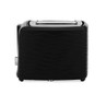 Black 2-slot toaster with wave pattern side, side view.