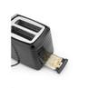 Black 2-slice toaster with crumb tray partially pulled out, shown from above