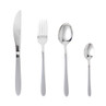 Four-piece silver cutlery set with knife, fork, tablespoon and teaspoon, shown on white background