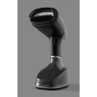 Black handheld garment steamer with brush attachment, shown upright on grey background