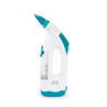 Handheld white and teal garment steamer, shown upright, for clothes and fabrics