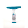 Teal and white cordless window vacuum cleaner upright on white background