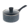 Black and white speckled non-stick saucepan with glass lid and black handle