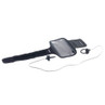 Black sports armband with clear phone window and wireless earphones, displayed on white background