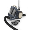 Bagless cylinder vacuum cleaner, dark grey with gold accents, shown with pet hair brush attachment