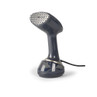 Dark grey handheld garment steamer with textured metal steam plate, shown upright