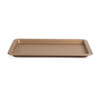 Gold non-stick baking tray, rectangular, shown empty from the front angle.