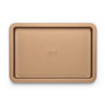 Gold non-stick baking tray shown from above