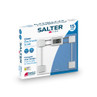 Salter glass electronic bathroom scale in silver, compact design shown in product packaging