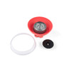 Red popcorn maker with removable lid and heating plate shown separately
