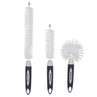 Set of three bottle cleaning brushes with white bristles and navy handles