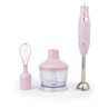 Pink hand blender set with whisk and chopper attachments, shown upright on white background