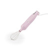 Pink electric hand whisk with stainless steel head on white background