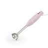 Pink handheld stick blender with stainless steel blade, shown on white background
