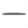 Silver non-stick baking tray, oblique side view, shown on white background