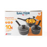 Salter Megastone 3 piece pan set packaging, showing non-stick black pans with lids.