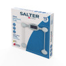 Glass electronic bathroom scale in retail Salter box, front angled view