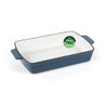 Rectangular green ceramic baking dish with handles, PFAS free badge shown