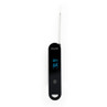 Black digital cooking thermometer with stainless steel probe and blue LCD display
