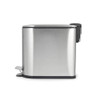 Stainless steel pedal bin, side view, with black plastic handle and base