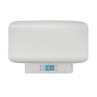 White digital baby scale with large platform and blue LCD display, viewed from above