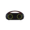 Black portable Bluetooth speaker with handle, twin yellow-lit drivers, front view