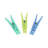 Set of three plastic clothes pegs in pastel green, yellow and blue on white background