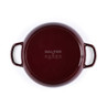 Red cast iron casserole dish, underside view showing Salter branding and handles.