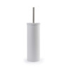 Grey toilet brush with metal handle, upright on white background