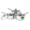 Set of three silver saucepans with glass lids, PFAS free label on one pan