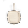 Cream cast iron square grill pan with handle, shown from above