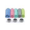 Pack of five microfibre cleaning cloths in assorted colours with three grey plastic adapters.